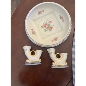 VTG Abingdon USA Console Garden Bowl & Candlesticks SET Floral Gold 518 575 '40s